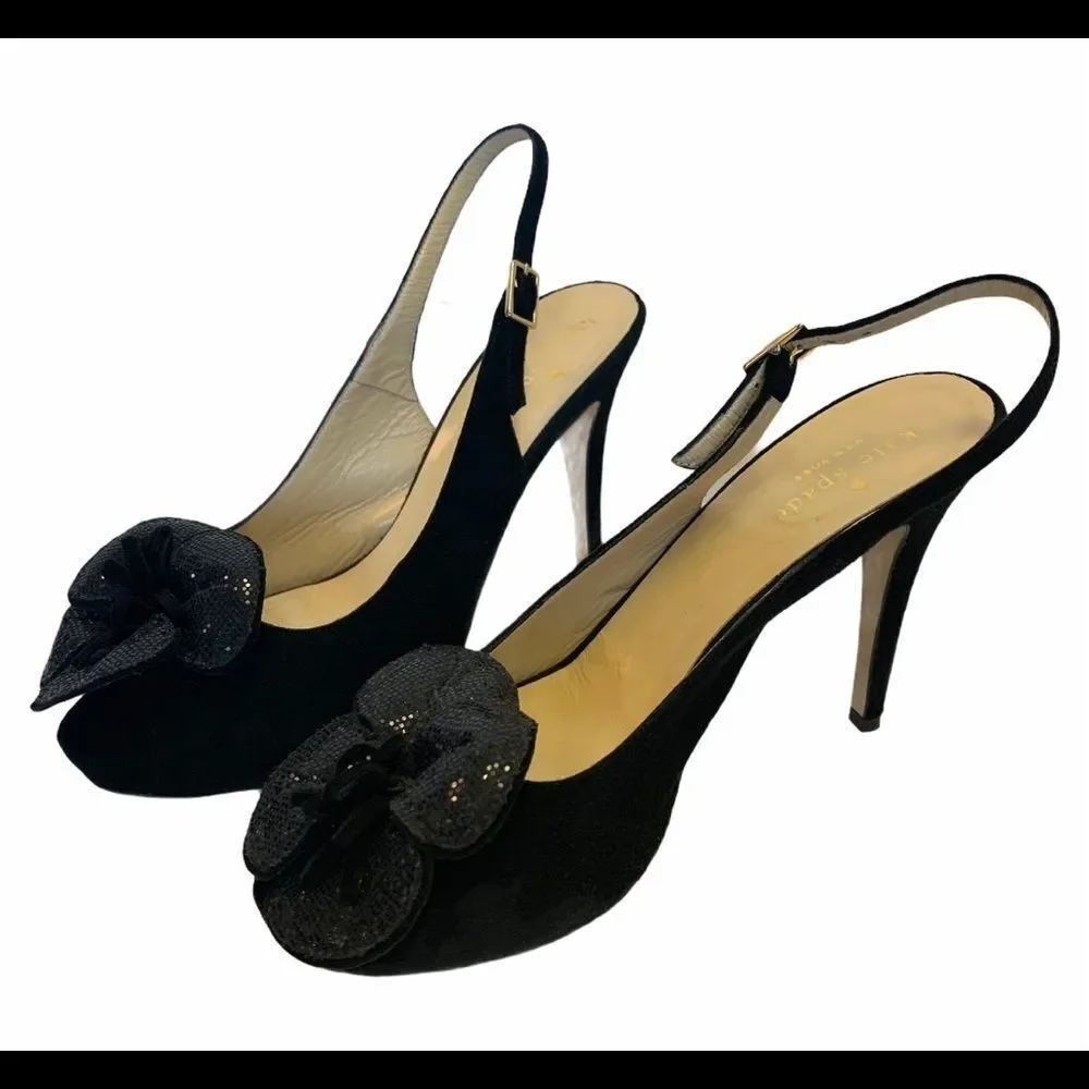 Kate Spade Gael Black Suede Slingback Platform Heels Floral Peep Toe Sz 6.5